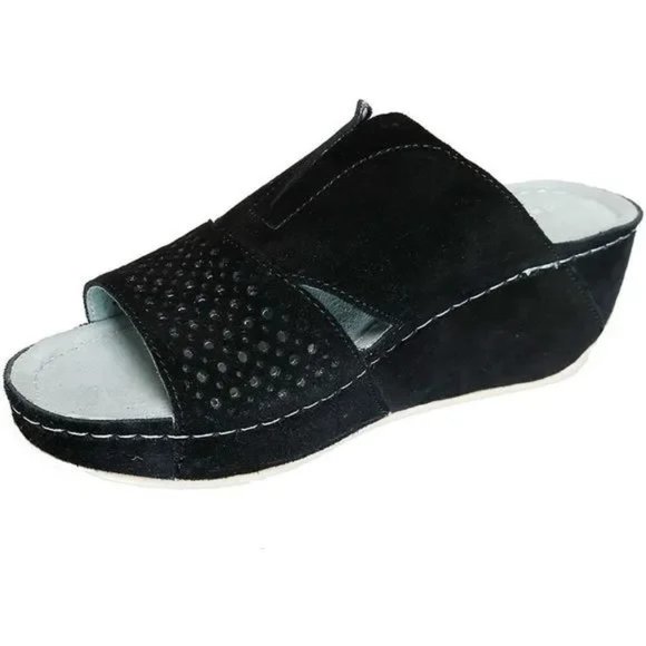David Tate New Wedge Mule Sandals Slip-On Clog NWT Perf Suede BLACK Women's 12 - Picture 2 of 13
